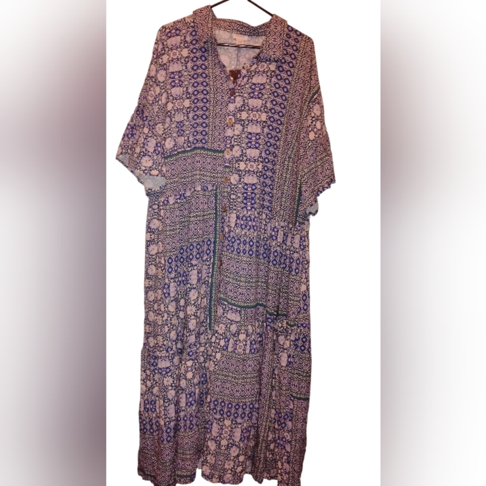 Lilac Floral Viscose Dress with Navy Detailing With Pockets